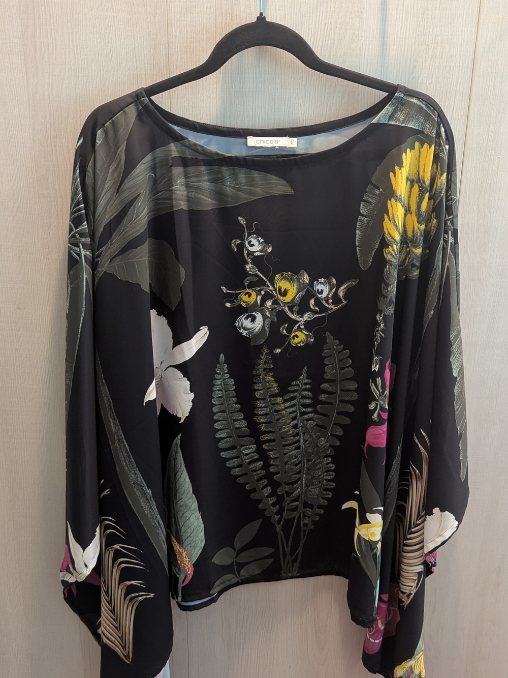 Chico's Black Floral Pancho Style Botanical Print Top